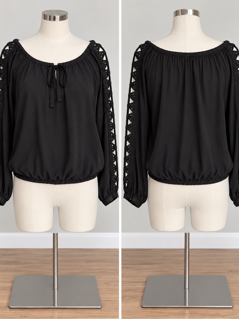 Haute Monde Black Crochet Sleeve Peasant Top - Women's Boho Blouse